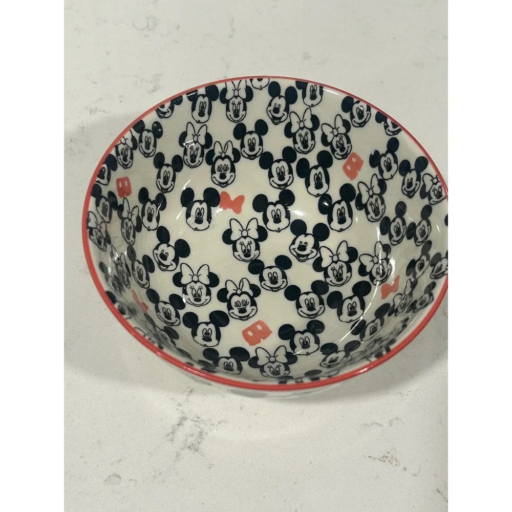 Disney Mickey and Minnie Mouse Ceramic Bowl Black White Red Rim - Picture 2 of 5